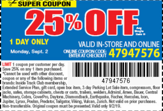 Harbor Freight Labor Day Sale 2019 25 Off One Day Only