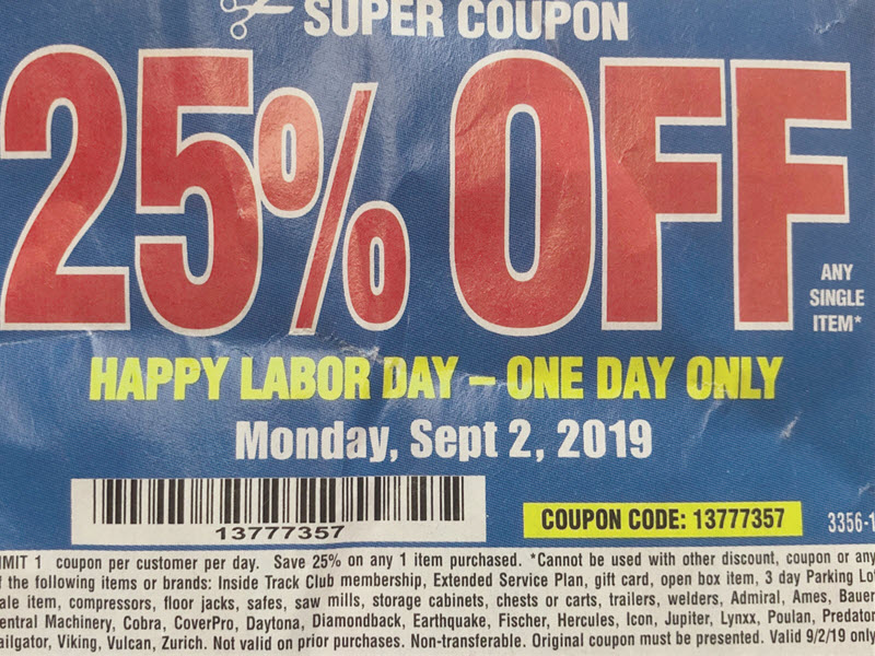Harbor Freight 25 Coupon 25 Off Labor Day 2019 One Day Only
