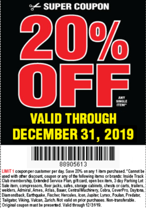 Harbor Freight 20 Coupon 20 Off Any Purchased Item (Thru 123119)