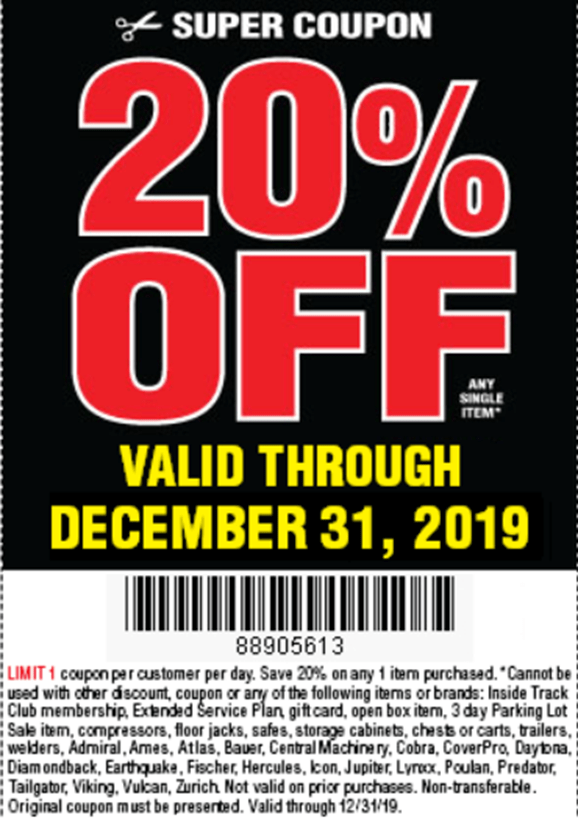 Harbor Freight 20 Coupon 20 Off Any Purchased Item (Thru 123119)