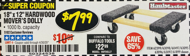 Harbor Freight Furniture Dolly 7.99 Coupon - 18 in x 12 Dolly - DealioMe
